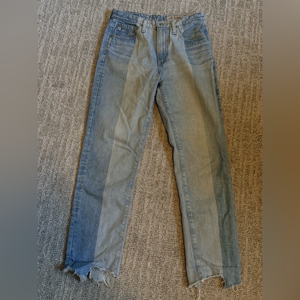 AG Two-Tone Shadow pocket Distressed Straight Leg Jeans - Light & Medium Blue